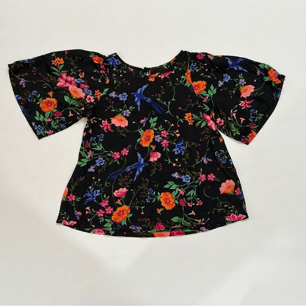 Old Navy Floral Peasant Top Girls L 10 12 Boho Black Ruffle Bell Sleeve Rayon - Picture 1 of 5